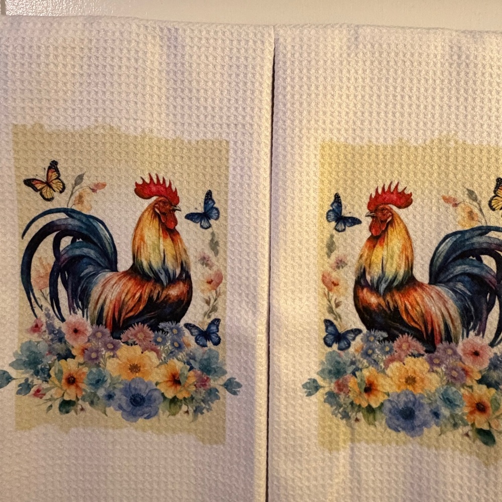 Country Cottage Decor Watercolor Rooster Kitchen Towel-2set NWOT